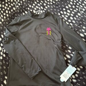 Black Long Sleeve swim Shirt with Pink Palm Tree Design